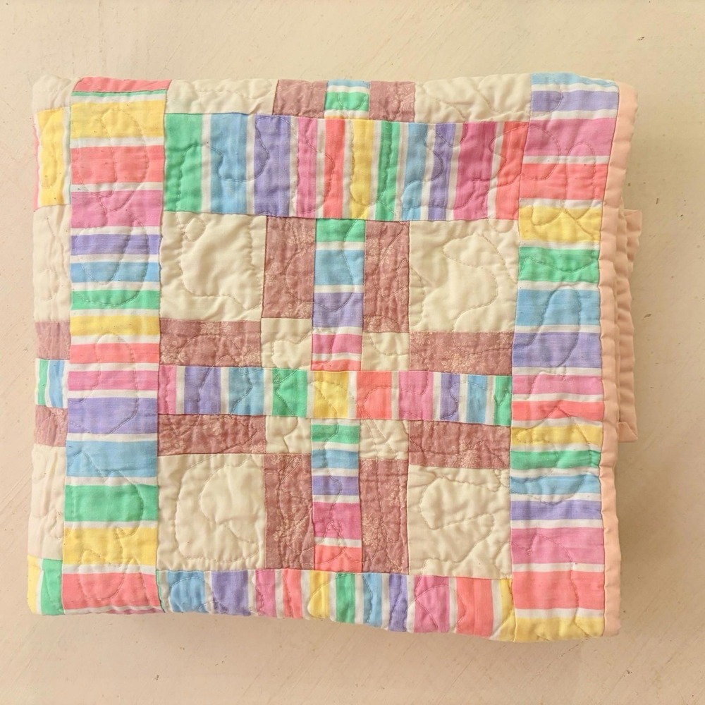 Baby Quilt Handmade Pink Orange Yellow Purple Pastel Strips Patchwork 34"